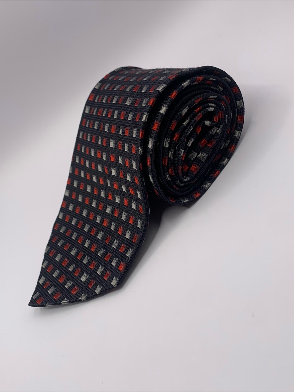 Paul Fredrick Black Tie with Red and Gray Micro-Check Pattern 0139 business